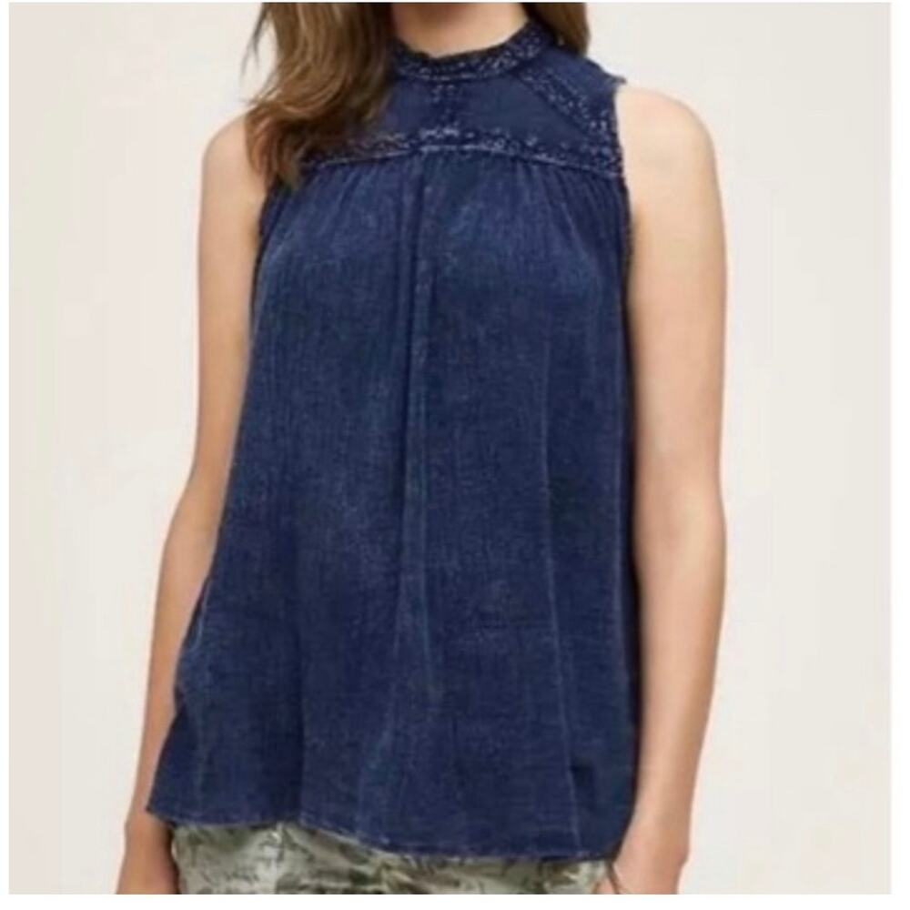 Anthropologie Eri + Ali Sweetbriar Navy Blue Embroidered Tunic Tank Blouse M